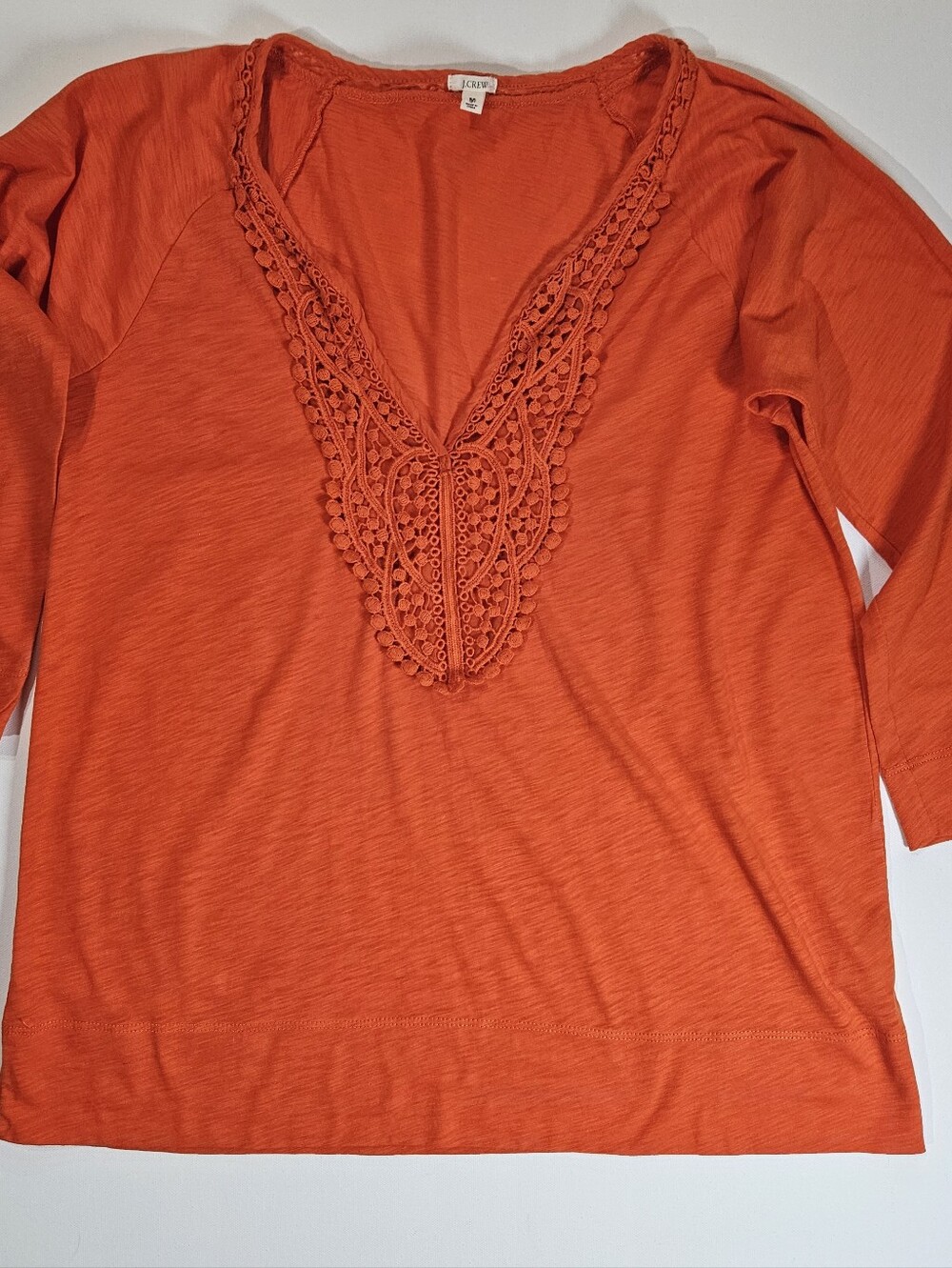 J. Crew Silk Lined Top Womens Medium Orange V-neck 3/4 Sleeve Crochet Lace Trim